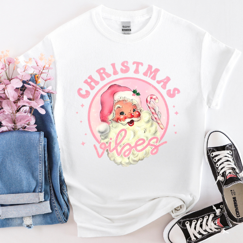 Christmas Vibes Pink Santa - DTF Shirt Transfer Ready To Press