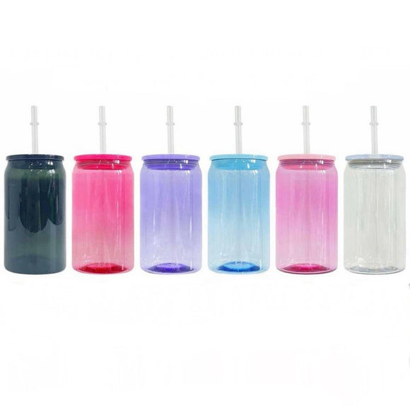 16oz Colored Plastic Can Tumbler with Lid and Straw
